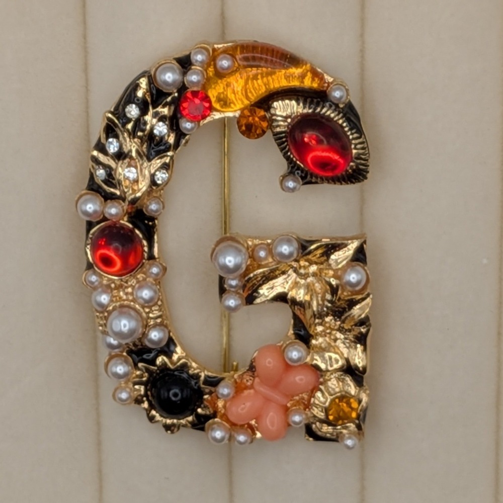 Gold Initial Letter G Brooch Ornate Maximalist Faux Pearl Butterfly Pin 2"